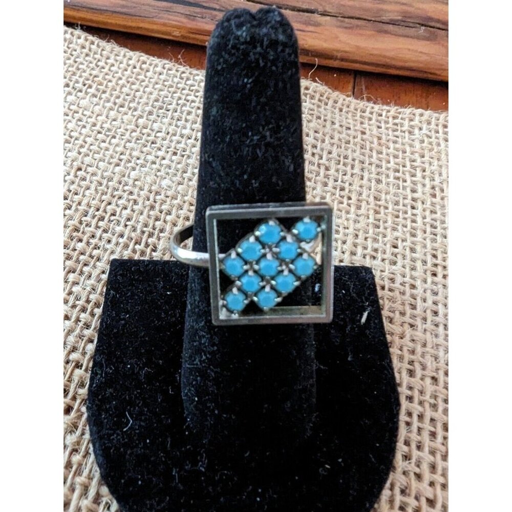 Unique Square Silver Tone And Turquoise Ring Size 8